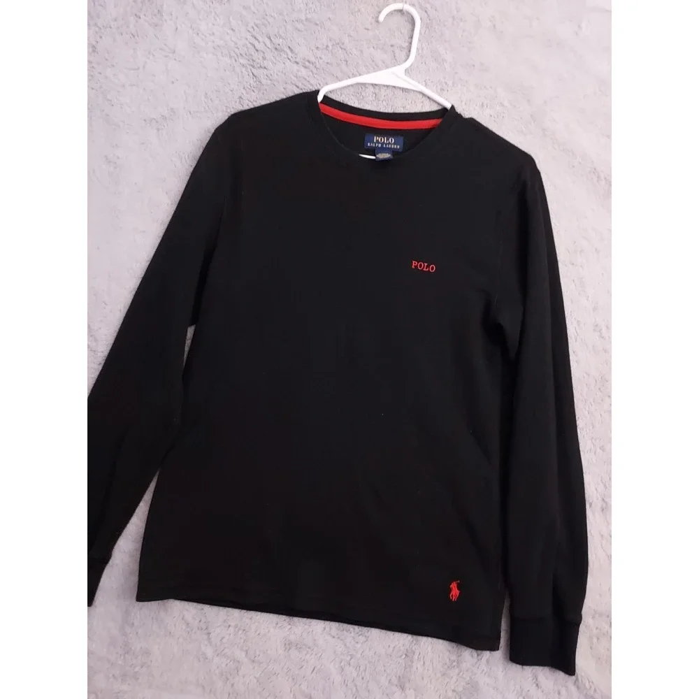 Polo Ralph Lauren Shirt Mens Medium Waffle Knit Thermal Black Red Pony Sleepwear